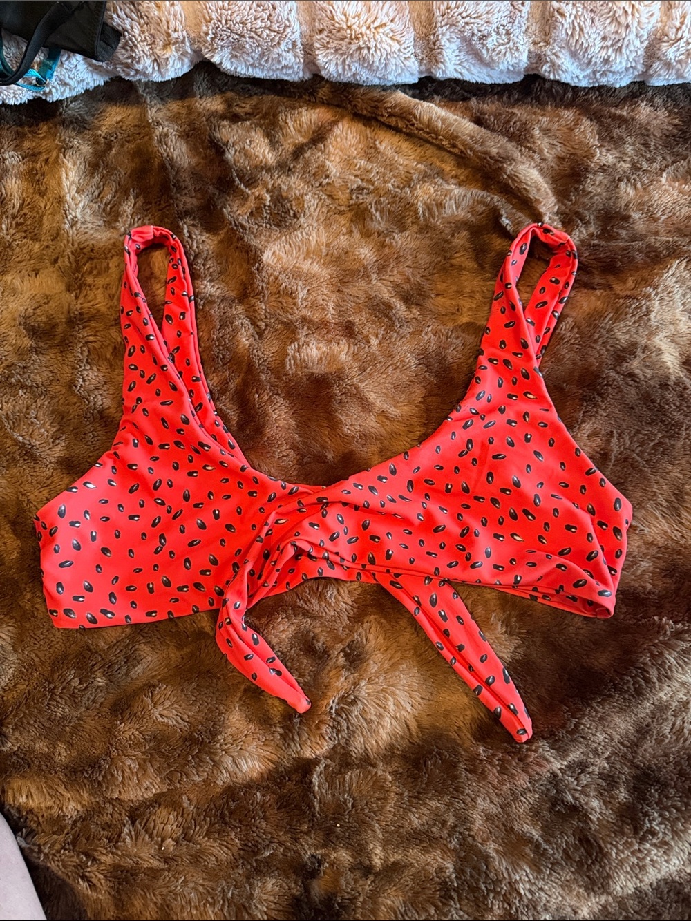 Red Tie-Front Bikini Top with Black Spot Print